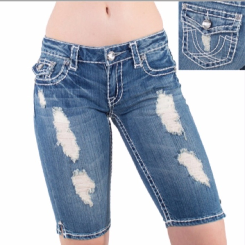 🔴 CLEARANCE 🩳 LA IDOL RIPPED DESTROYED DISTRESSED LONG JEAN BERMUDA SHORTS Sz 3 - Picture 3 of 10